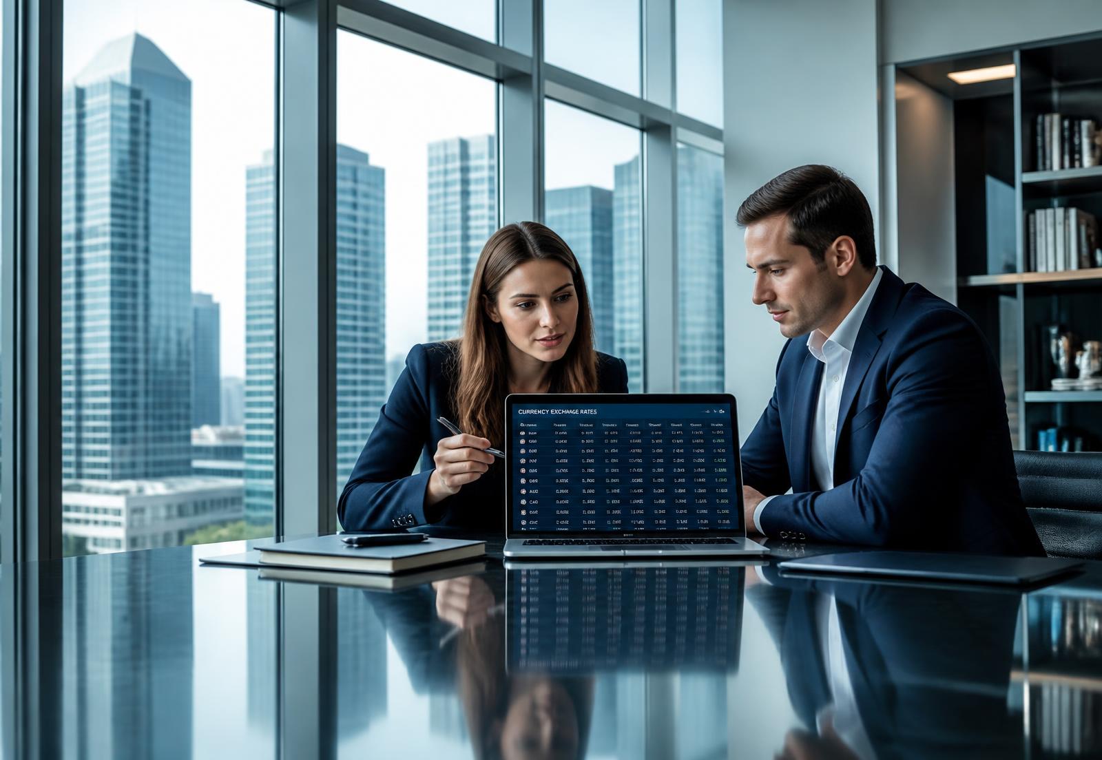Especialistas analisando cotações de câmbio em escritório corporativo